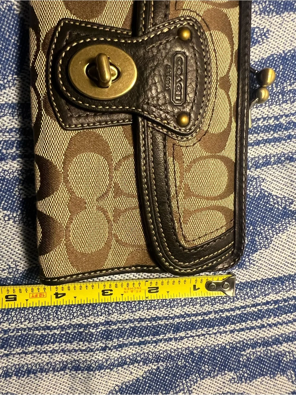 Coach Brown Signature Canvas and Leather Wallet with Turnlock - See Note